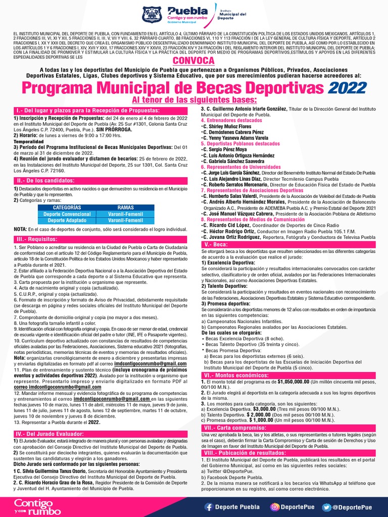 Becas Deportivas Puebla 2022: Convocatoria | PDF | Gobierno local ...
