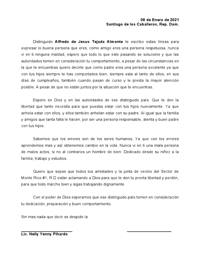 Carta De Recomendaci n De Un Amigo En Apoyo De La Liberaci n De Alfredo