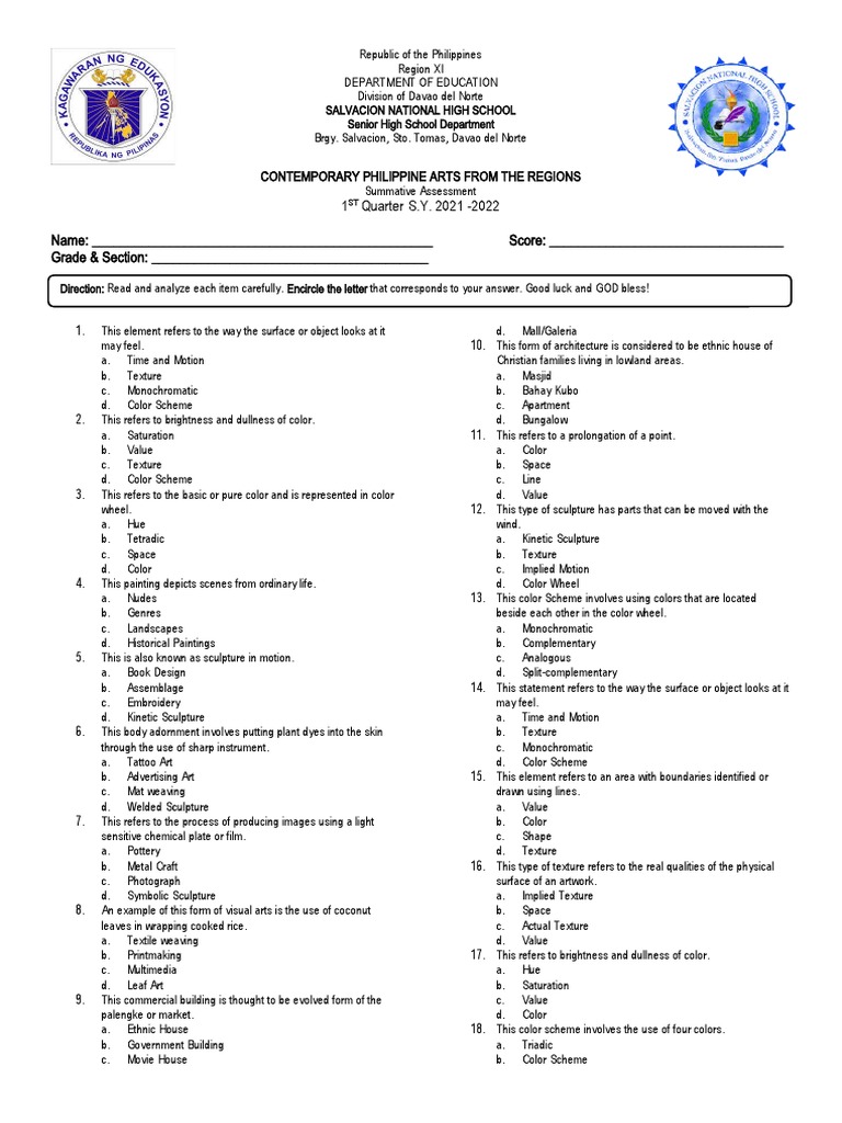 Summative Test Arts Pdf Color Paintings