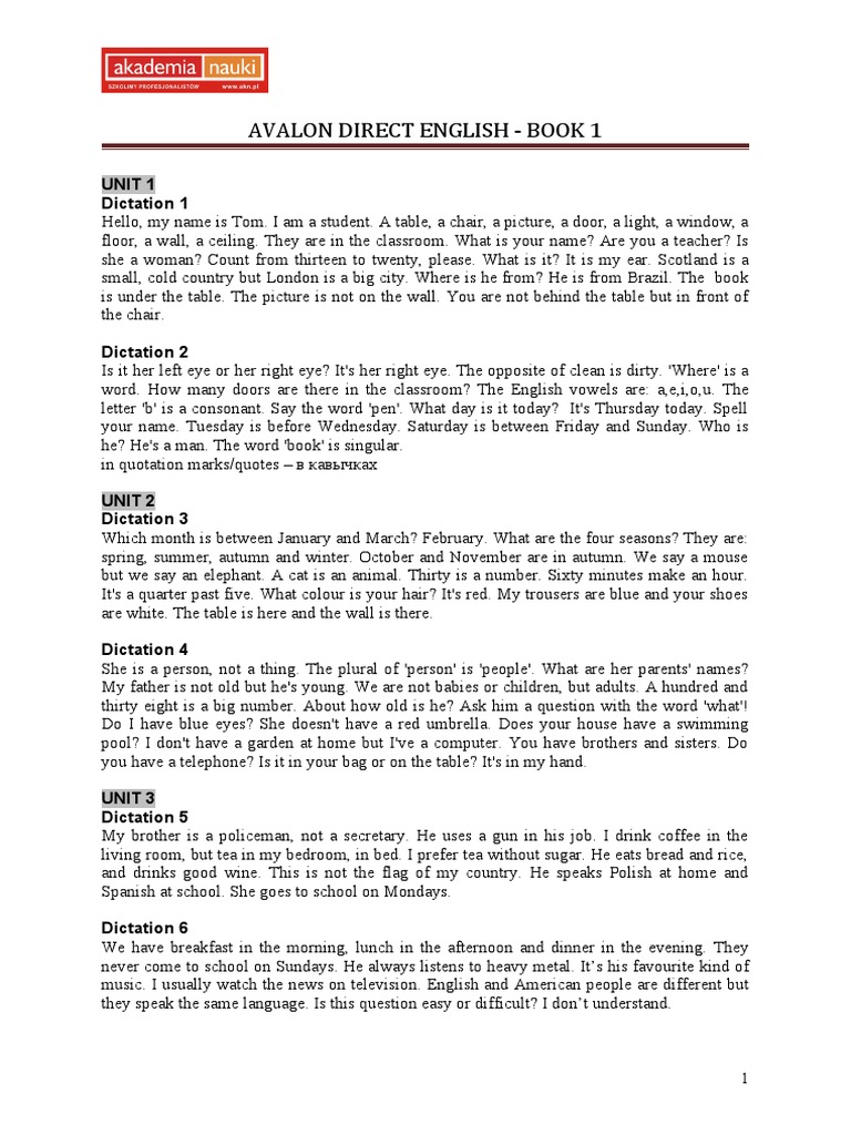 Avalon Direct English Book 1 Unit 1 Dictation 1 PDF Lunch