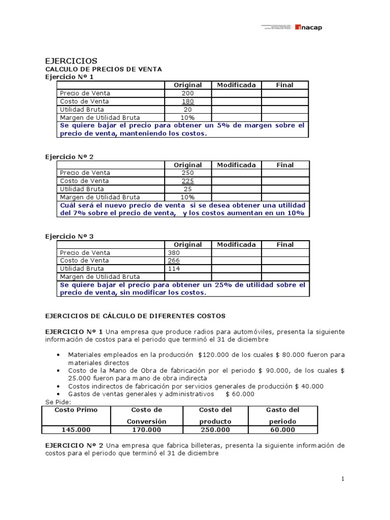 Ejercicios de Cálculo de Costos y Precios | PDF | Costo | Negocios ...