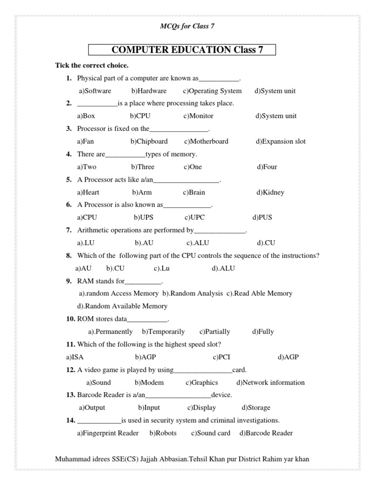 Computer MCQs Grade 7 | PDF | Operating System | Central Processing Unit