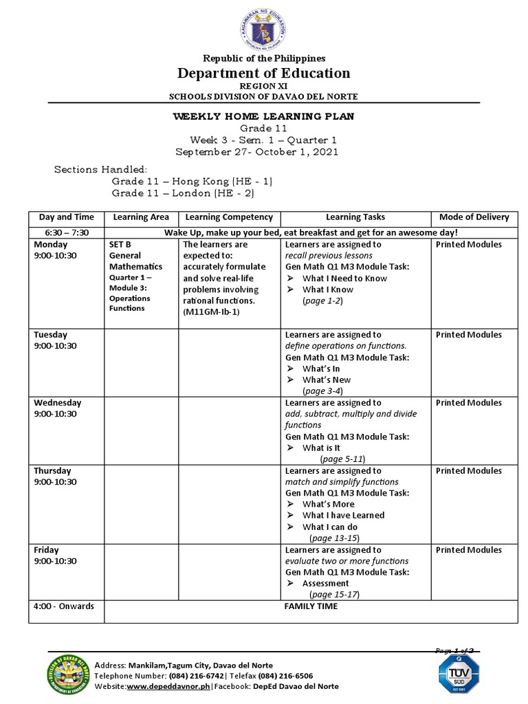 Grade 11 Weekly Learning Plan: Math | PDF | Mathematics | Teaching ...