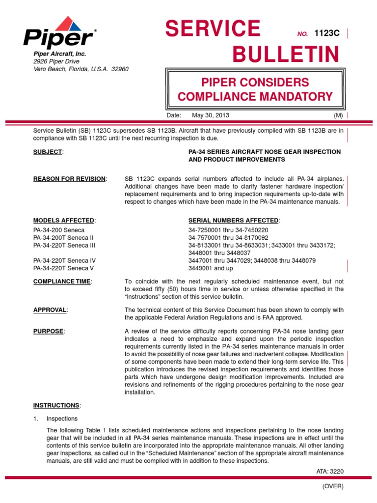 Service Bulletin Piper Considers Compliance Mandatory PDF Landing Gear Rivet