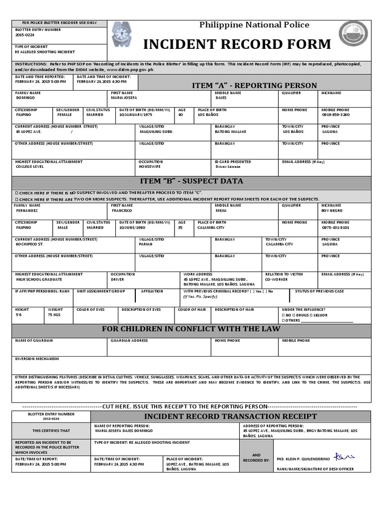 Incident Record Form: Item 