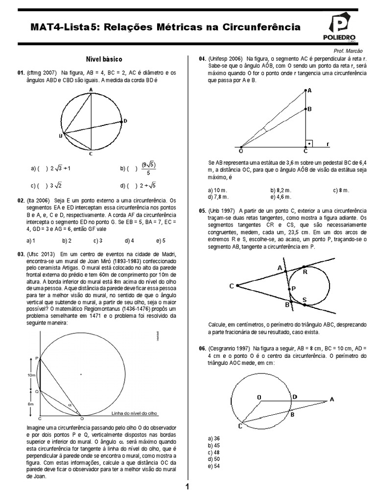 Exercícios sobre Relações na Circunferência | PDF | Círculo | Triângulo