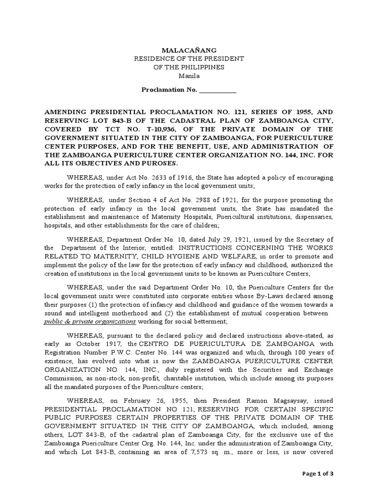 Draft Presidential Proclamation Modifying PP No. 121 (Final Draft ...