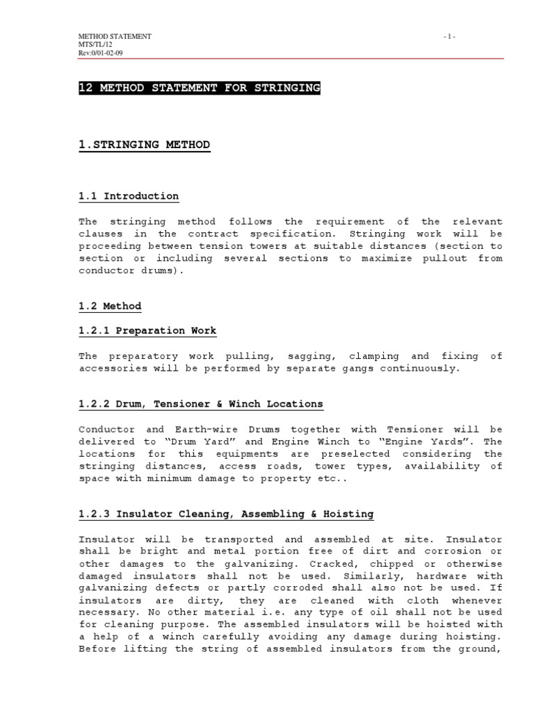 Method Statement for Stringing Overhead Transmission Lines | PDF ...
