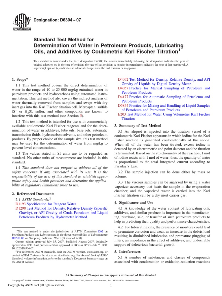 Determination of Water in Petroleum Products, Lubricating Oils, and Additives by Coulometric