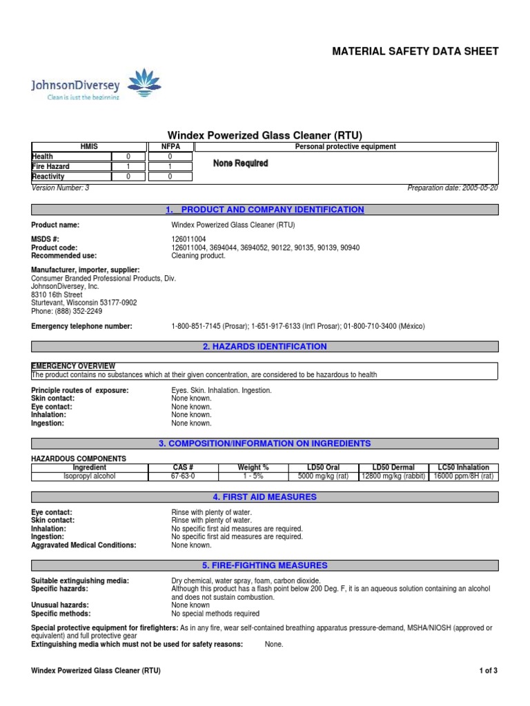 Material Safety Data Sheet for Windex Powerized Glass Cleaner (RTU