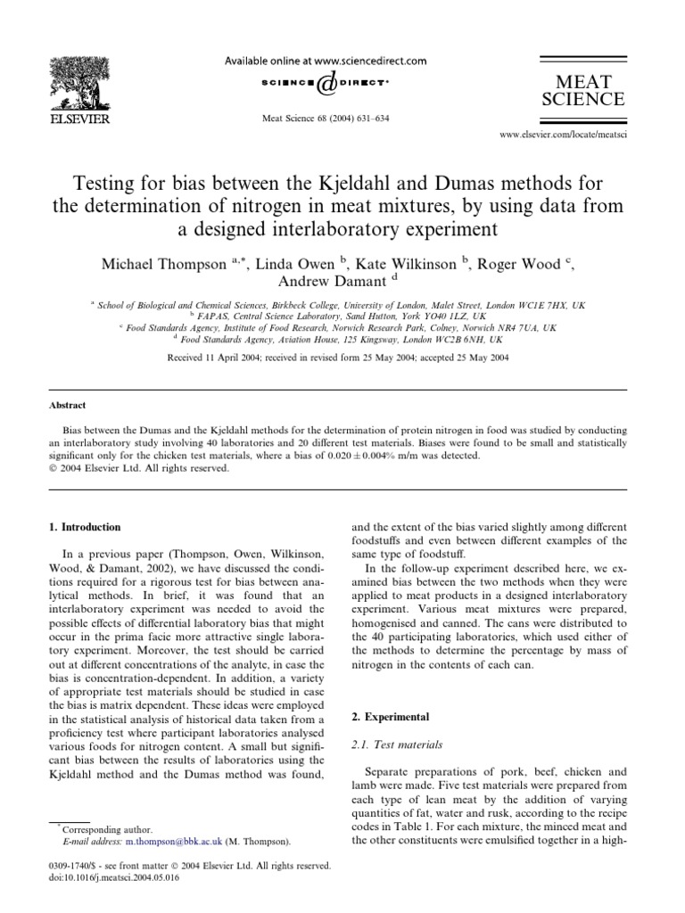 Testing For Bias Between The Kjeldahl and Dumas Methods For The