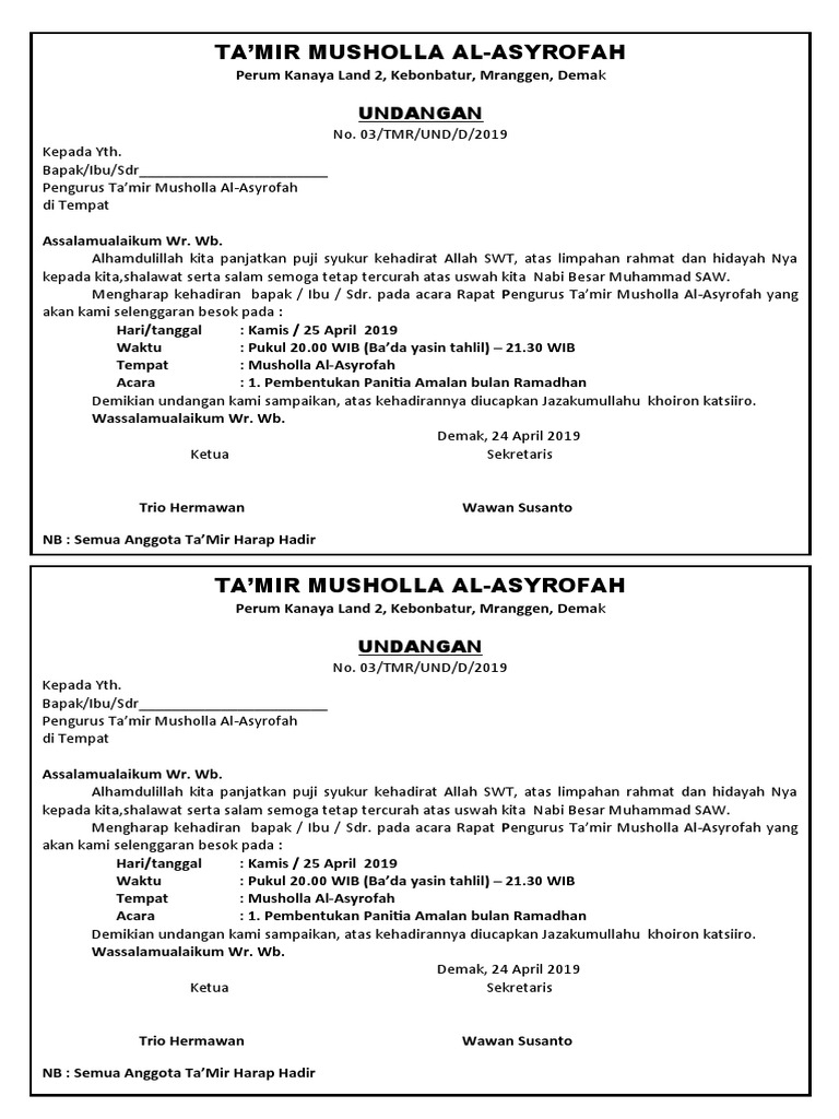 Contoh Undangan Takmir Musholla | PDF