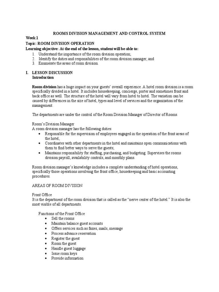 Room Division Management Overview | PDF | Hotel | Business