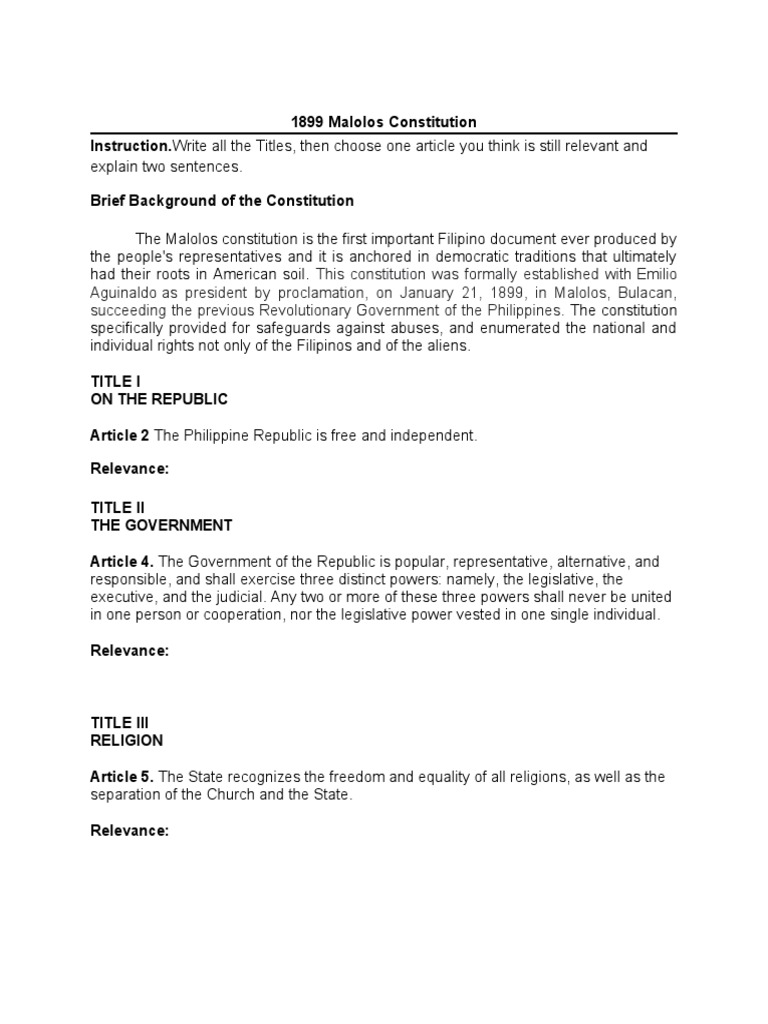 Overview of the 1899 Malolos Constitution | PDF | Policy | Sources Of Law