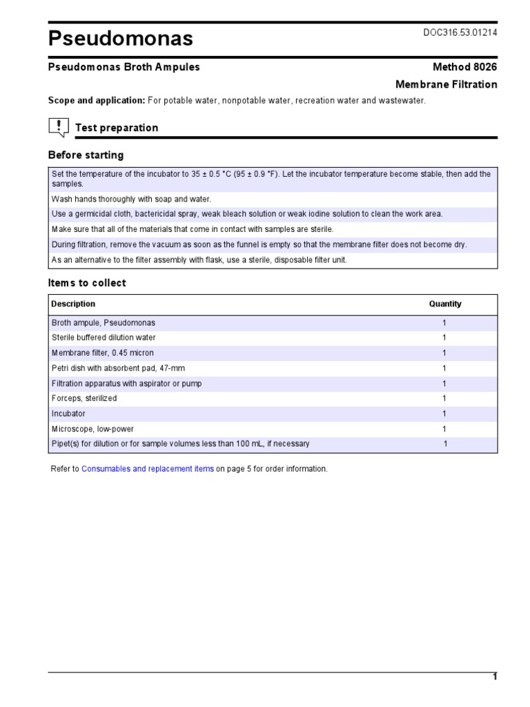 Pseudomonas Pseudomonas Broth Ampules Method 8026 Membrane Filtration