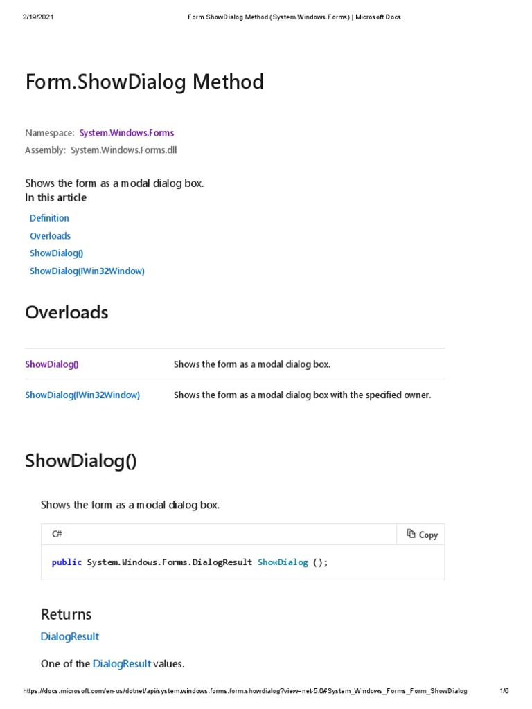 Form ShowDialog Method (System Windows.Forms) Microsoft Docs