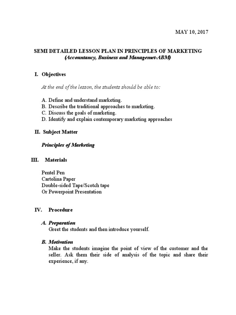 Marketing Principles Lesson Plan ABM | PDF | Marketing | Customer