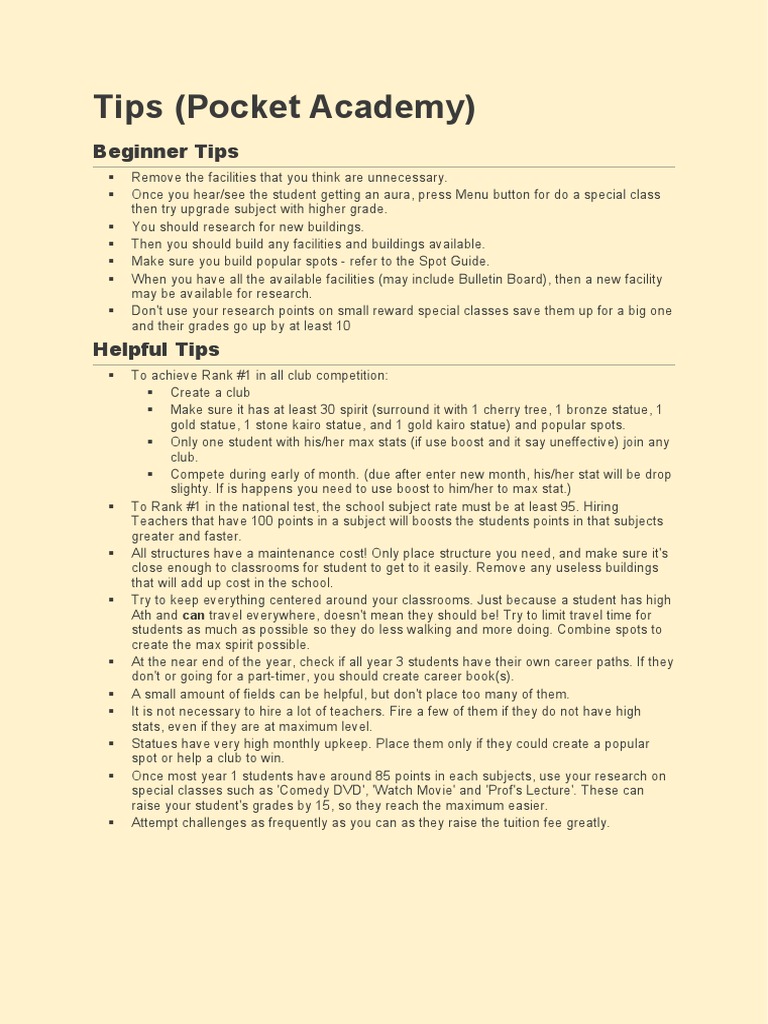 Pocket Academy (Kairosoft) Walkthrough PDF