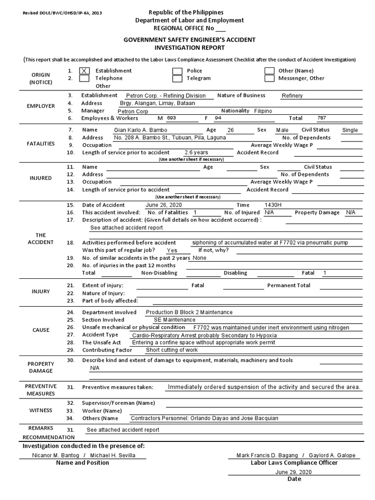 DOLE Accident Investigation Report | PDF | Employment | Labor Relations