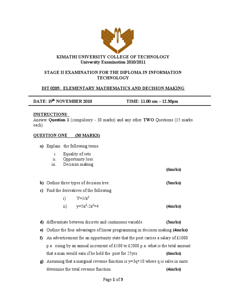 Decision Making in Mathematics Exam | PDF | Profit (Economics) | Utility