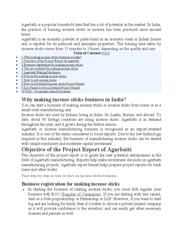 Why Making Incense Sticks Business in India? Objective of The Project
