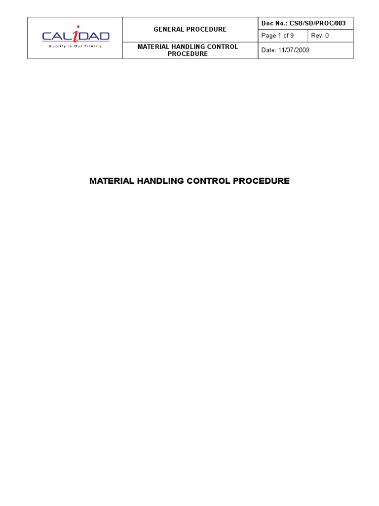 Material Handling Control Procedure PDF General Contractor Warehouse
