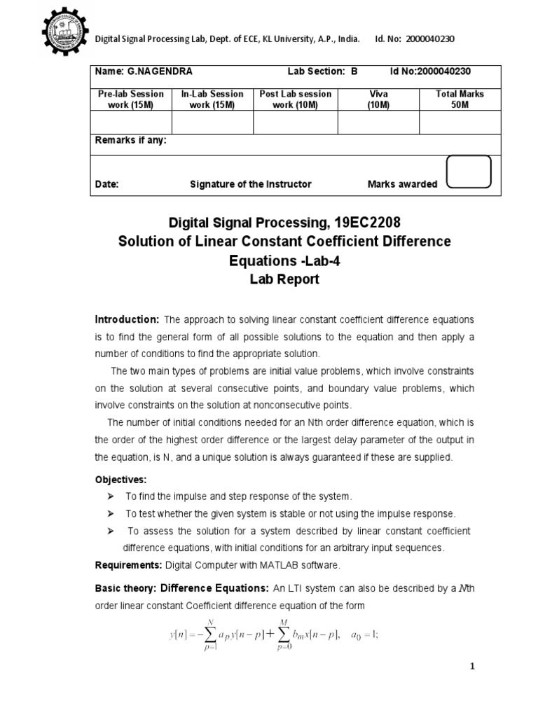 19EC2208 Solution of Linear Constant Coefficient Difference Equations