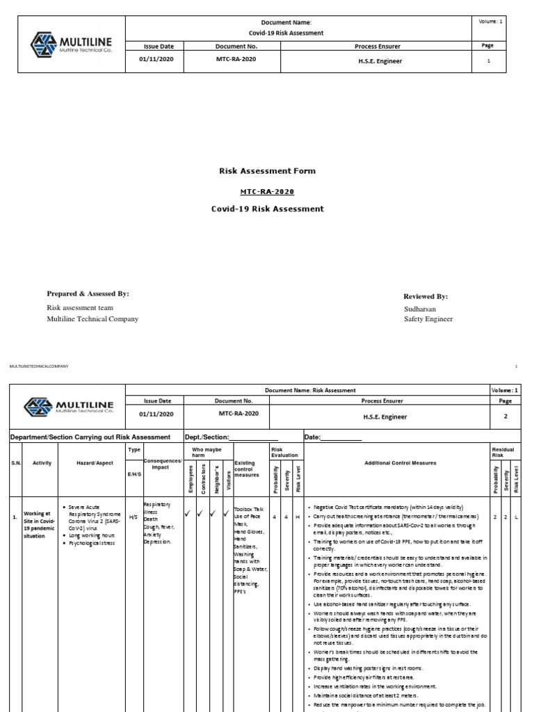 Covid19 Risk Assessment PDF Risk Personal Protective Equipment