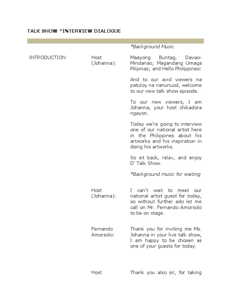Talk Show Interview Dialogue: Background Music | PDF