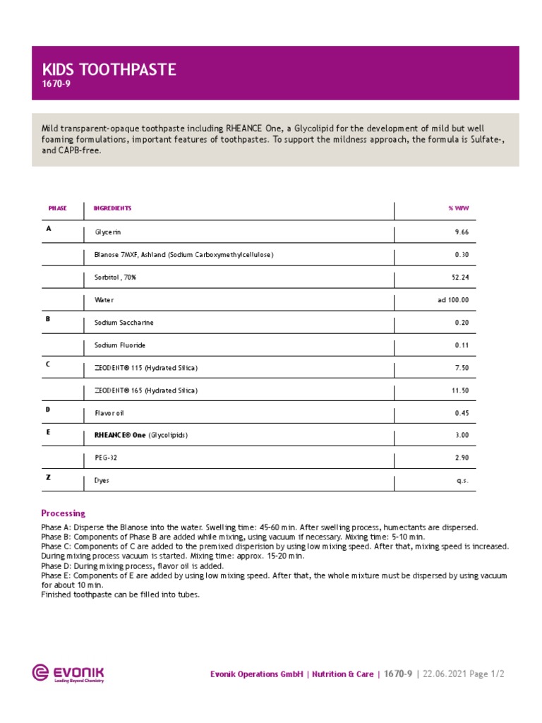 Kids Toothpaste: Phase Ingredients % W/W | PDF | Chemistry | Chemical ...