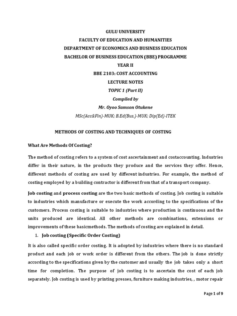 Cost Accounting Lecture Notes on Methods and Techniques of Costing