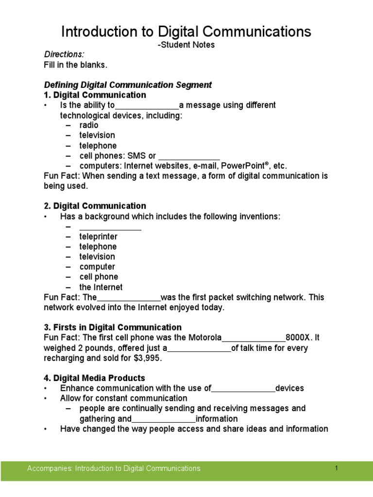 Student Notes Introduction To Digital Communication PDF Social