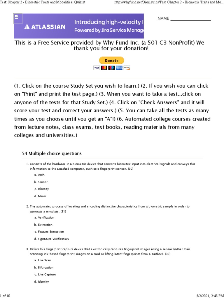 Test Chapter 2 Biometric Traits and Modalities Quizlet PDF