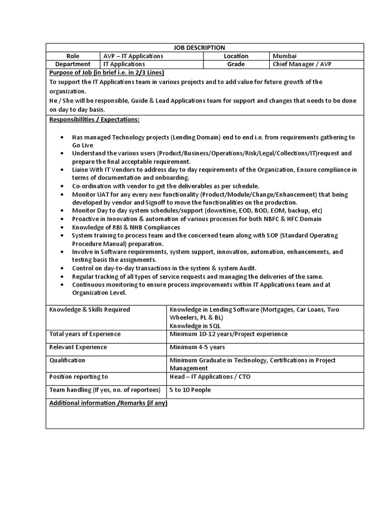 AVP - IT Applications Job Description | PDF | Automation | Information ...