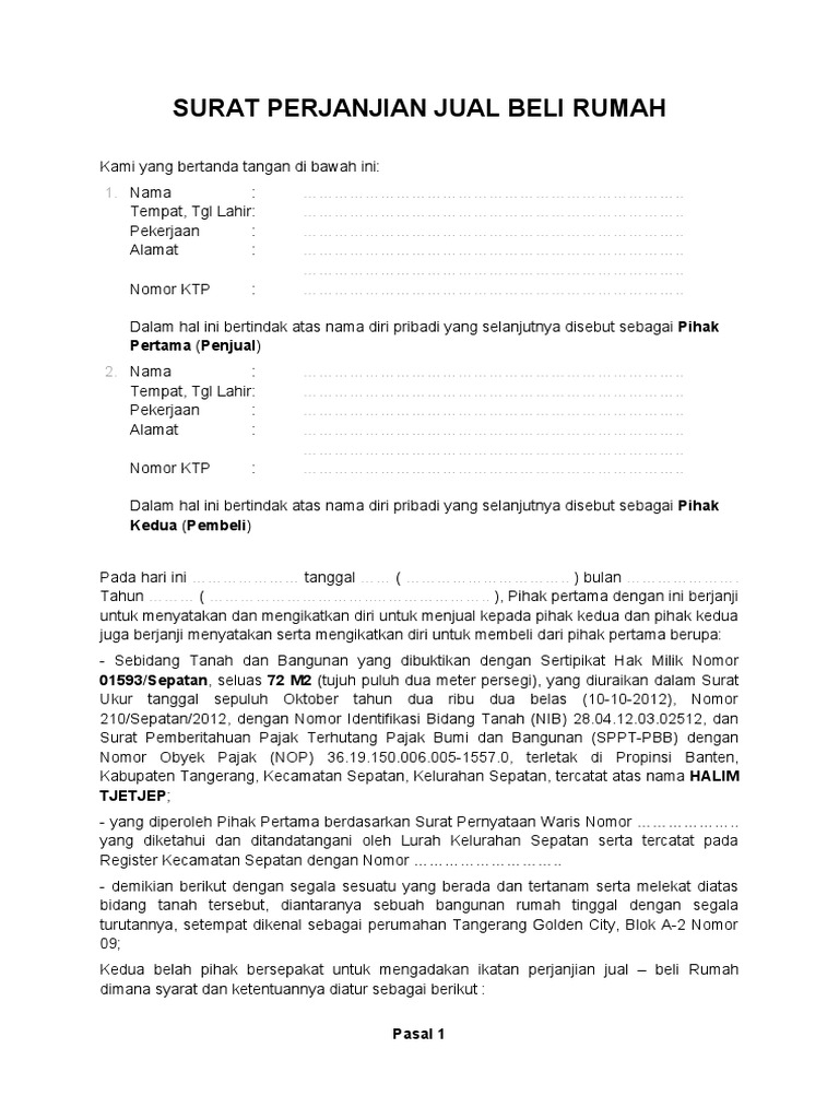 Draft Perjanjian Jual Beli Dibawah Tangan PDF