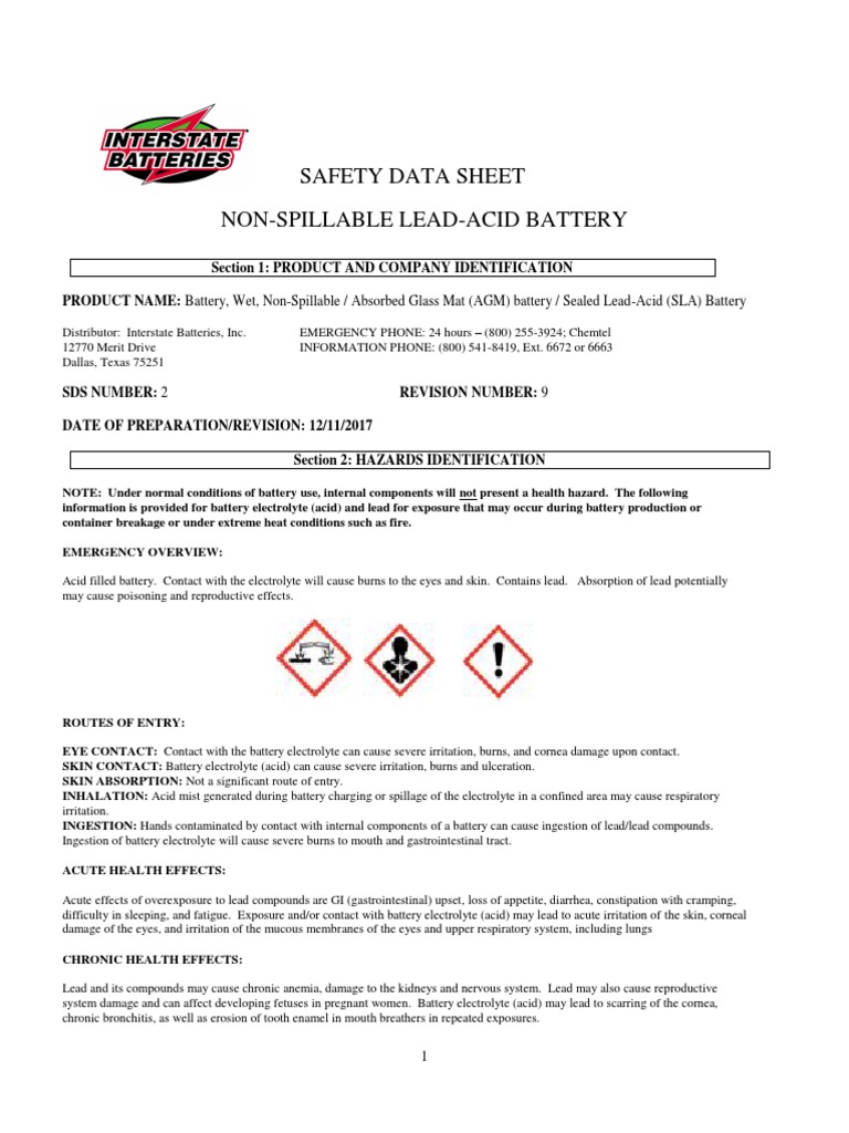 SDS NonSpillableleadacid Batteries PDF Sulfuric Acid Carcinogen