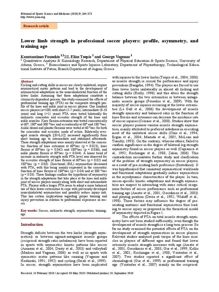 Lower Limb Strength in Professional Soccer Players Profile, Asymmetry