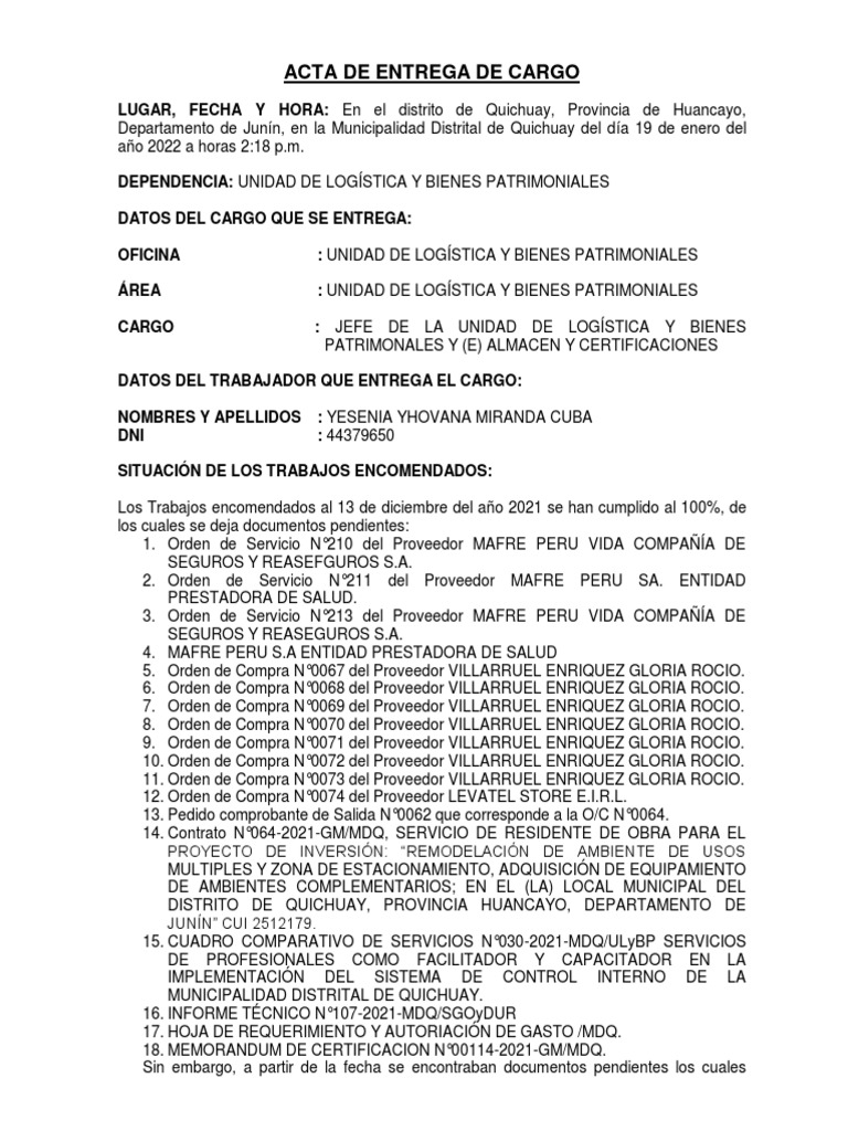 Acta de Entrega de Cargo Municipal | PDF | Color | Lápiz
