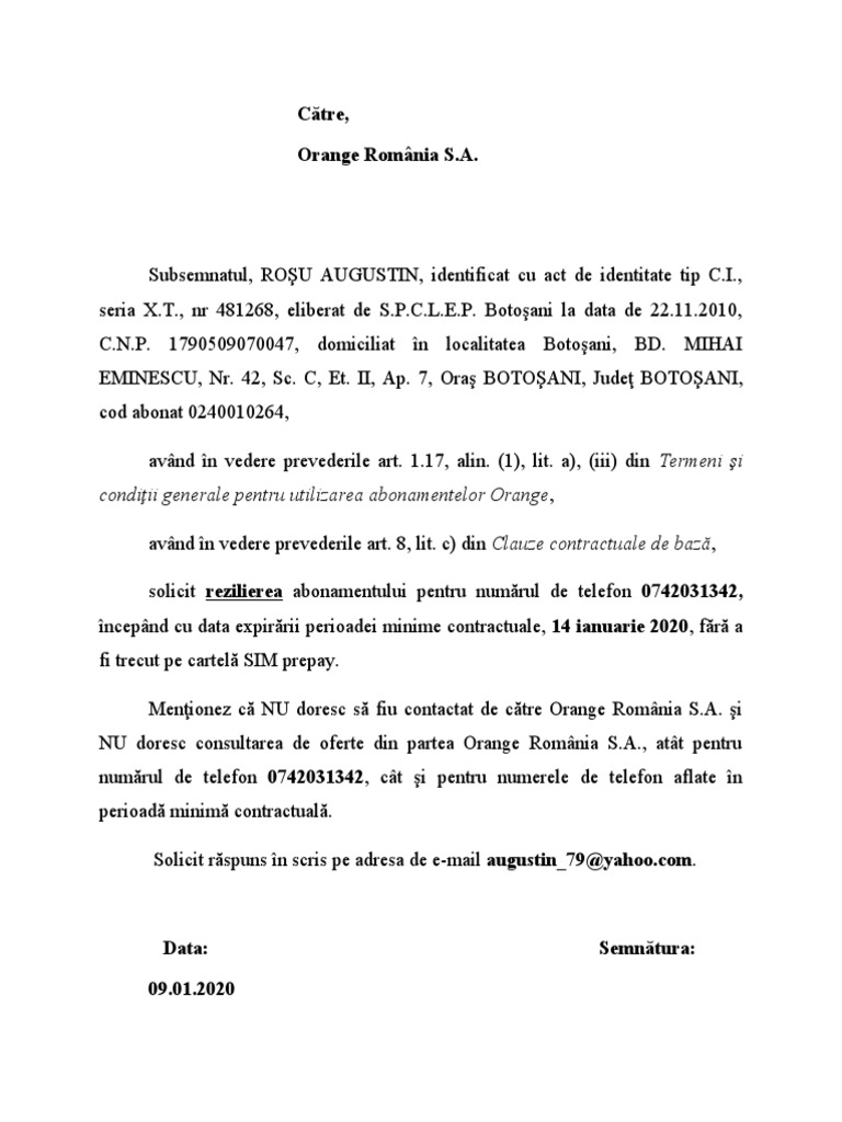 Model Cerere Reziliere Contract Orange Romania | PDF