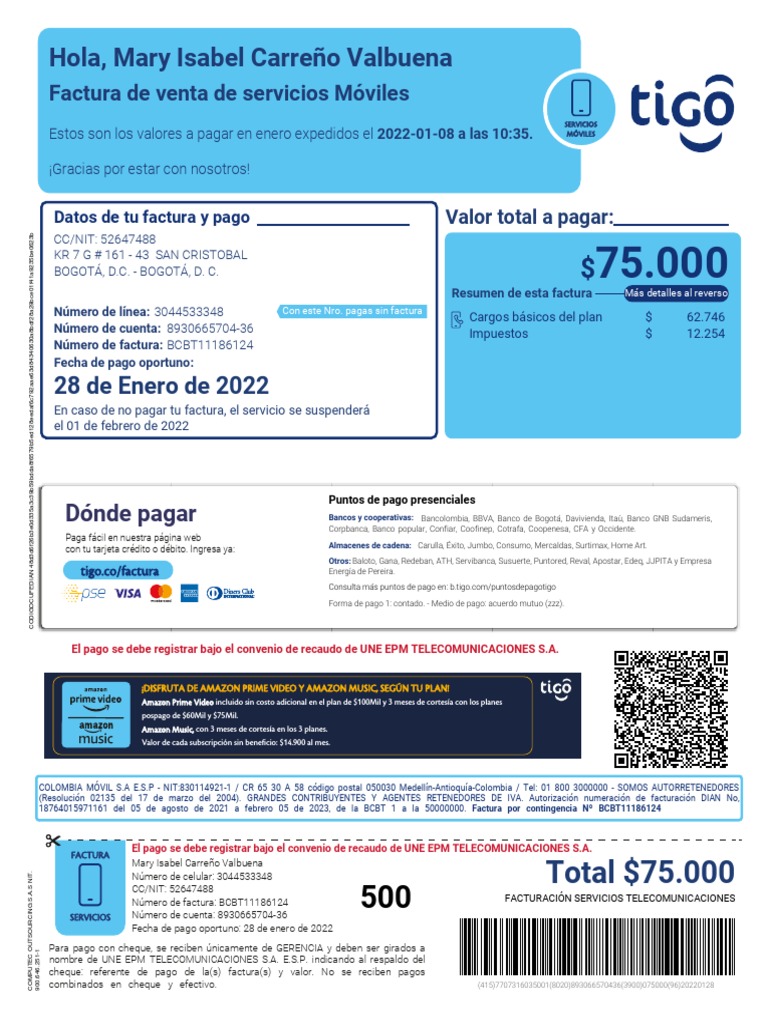 Factura Tigo Y Amazon Enero 2022 Pdf Factura 