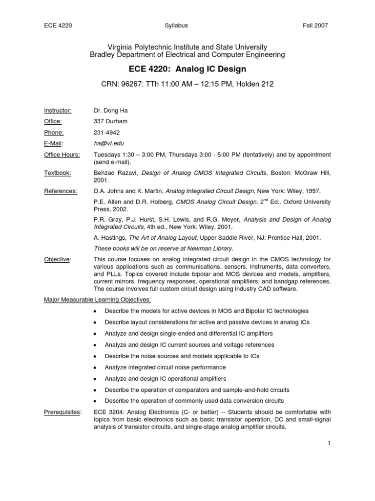 Ece 4220 Syllabus | PDF | Integrated Circuit | Electronic Engineering