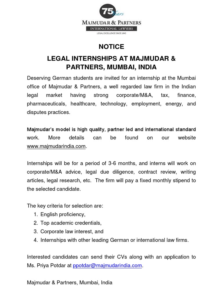 Internship Opportunities at Majmudar & Partners | PDF