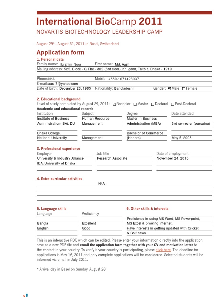 BioCamp 2011 Application | PDF