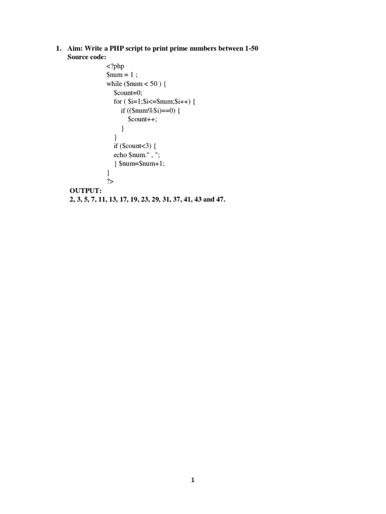 Aim: Write A PHP Script To Print Prime Numbers Between 1-50 Source Code ...