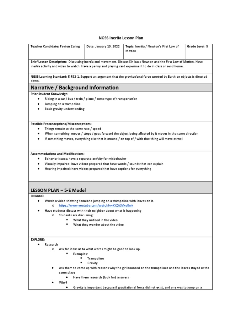 Narrative / Background Information: NGSS Inertia Lesson Plan | PDF ...