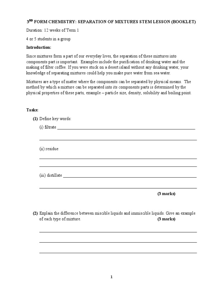 3rd Form Chemistry Separation of Mixtures Stem Lessons Bookletform 4 ...