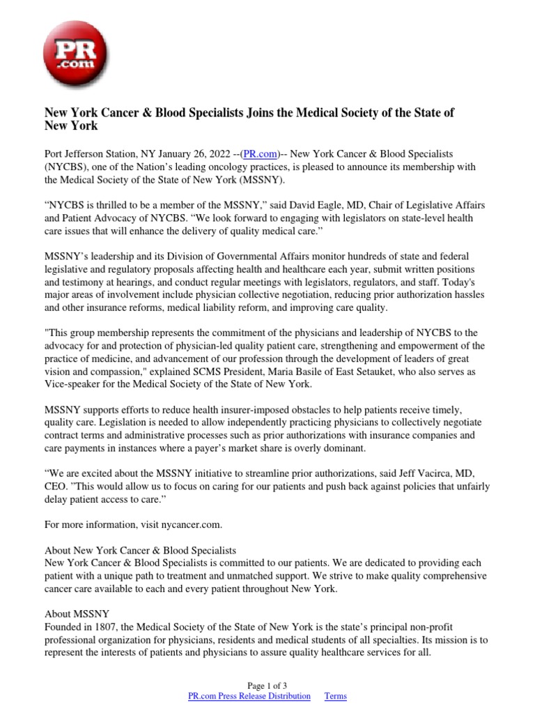 New York Cancer & Blood Specialists Joins The Medical Society of The State of New York PDF