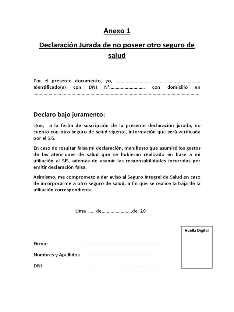 Declaración Jurada - No Poseer Otro Seguro de Salud | PDF