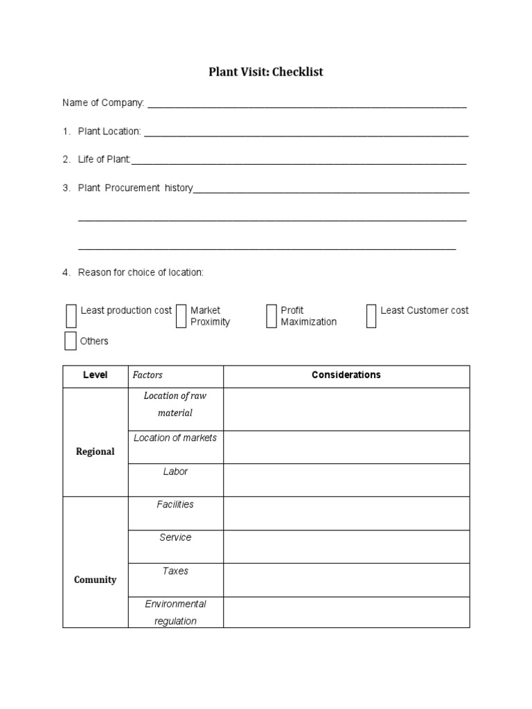 Plant Visit Checklist