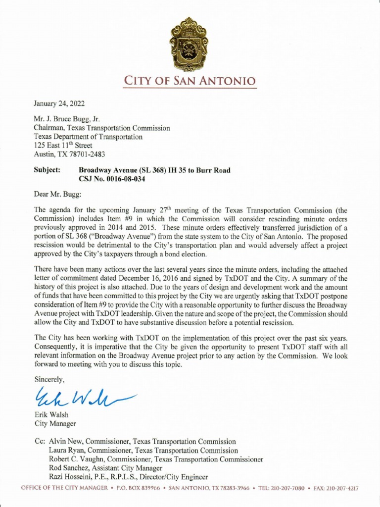 Texas Transportation Commission Letter | PDF | Street | Traffic